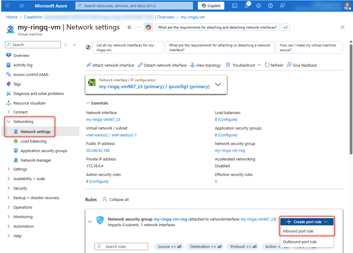 RingQ VM settings for Azure